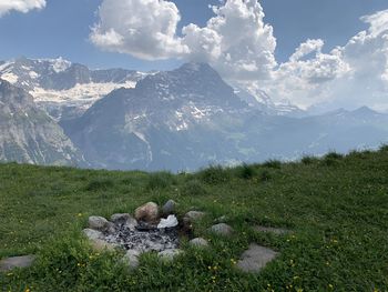 Scenic view of snowcapped mountains against sky