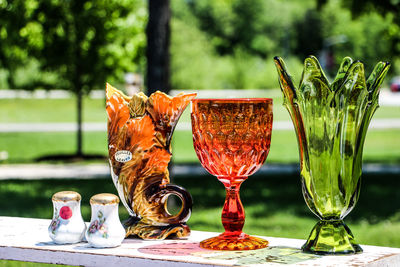 Close-up of glassware on table