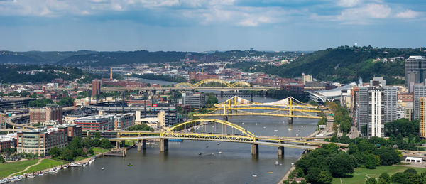 Bridge over river by buildings in city against sky