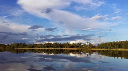 Scenic view of calm lake against cloudy sky