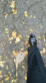 Low section of man walking on autumn leaves