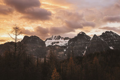 Scenic view of snowcapped mountains against sky during sunset