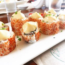 Close-up of sushi served in plate