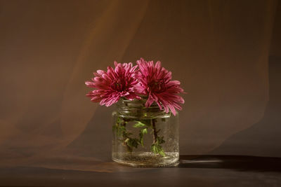 Close-up of flowers in glass on table