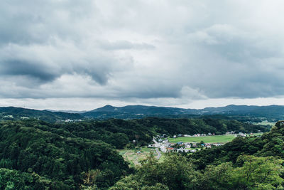 High angle view of trees on landscape against sky