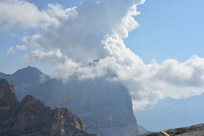 Scenic view of mountains against cloudy sky