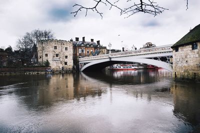 Bridge over river with buildings in background