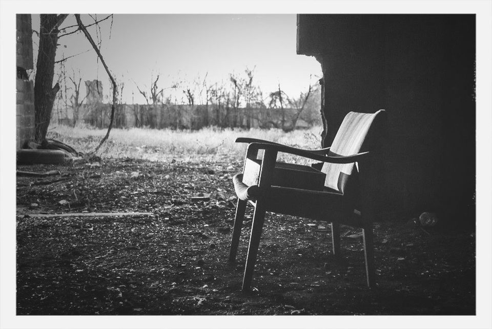 transfer print, auto post production filter, empty, tree, absence, bench, grass, chair, field, day, sunlight, outdoors, tranquility, nature, clear sky, swing, plant, no people, shadow, park bench