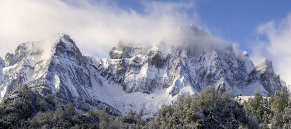 Panoramic view of snowcapped mountains against sky