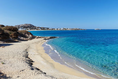 Scenic view of beach against clear blue sky