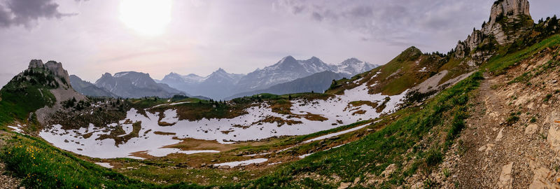 Scenic view of snowcapped mountains against sky