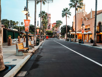 View of city street and palm trees against sky