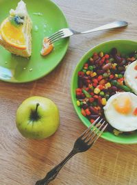 High angle view of breakfast on table