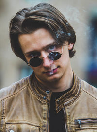 Close-up portrait of man wearing sunglasses smoking cigar