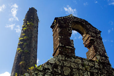 Low angle view of old rum distillery building against blue sky