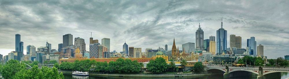 Skyscrapers against cloudy sky