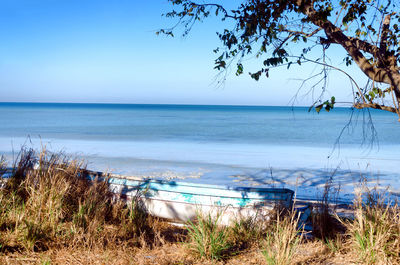 Scenic view of sea against clear blue sky