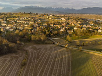 High angle view of road passing through city