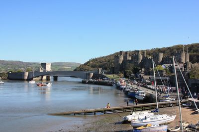 Bridge over river against clear blue sky