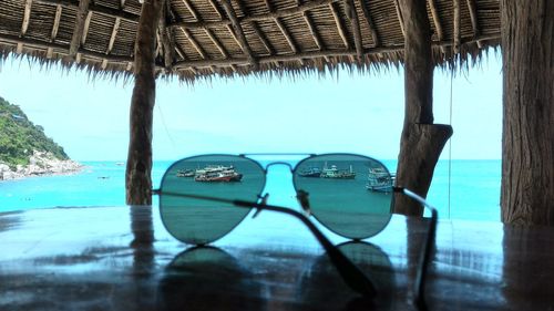 Reflection of sunglasses on swimming pool