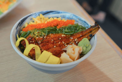 Close-up of salad in bowl on table