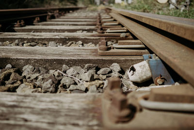 Close-up of abandoned railroad track