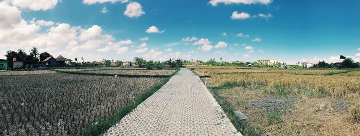 Panoramic view of agricultural field against sky