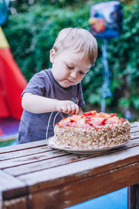 Baby eats a cake and blows out candles at a birthday party