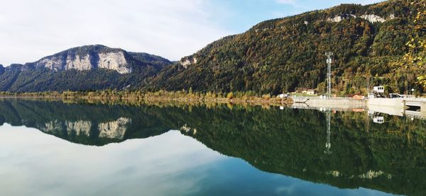 Scenic view of lake and mountains against sky