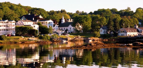 Houses in town against clear sky