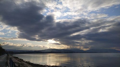 Scenic view of lake against dramatic sky
