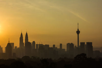 Silhouette of city at sunset