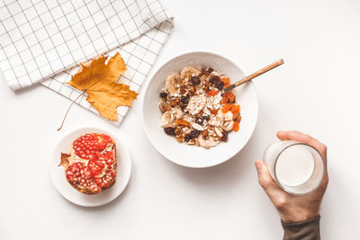 High angle view of breakfast on table