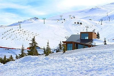 Scenic view of snow covered mountains