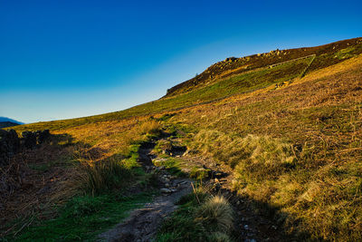 Scenic view of landscape against clear blue sky