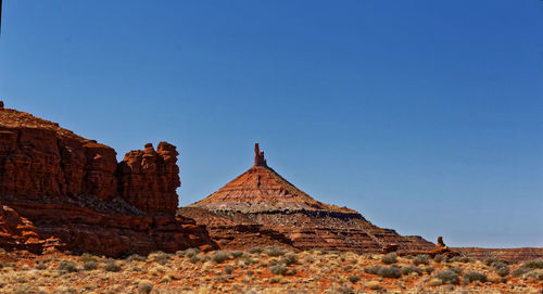 View of rock formations against clear blue sky