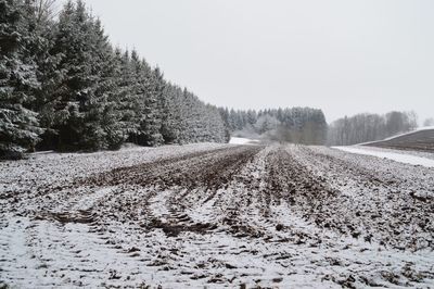 Scenic view of snow field against clear sky during winter