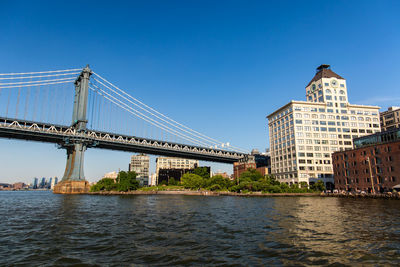 Bridge over river with city in background