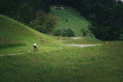 Woman riding her roadbike on road in the austrian alps