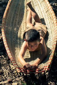 High angle view portrait of boy