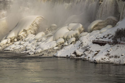 Niagara falls, the american falls with an icy build up at the bottom in winter time.