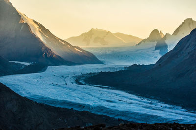 Scenic view of snowcapped mountains against sky during sunset