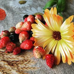 High angle view of strawberries on table