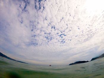 Birds flying over water against sky