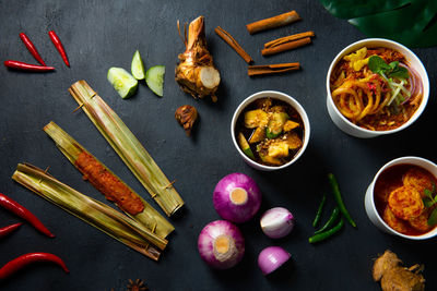 High angle view of vegetables on table