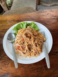 High angle view of meal served in plate on table