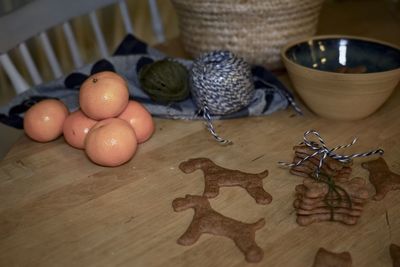 High angle view of eggs in basket on table