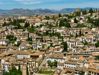 High angle view of buildings in city