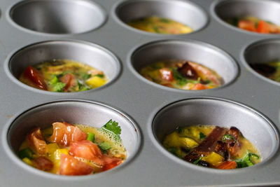 Close-up of served food in baking tray