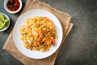 High angle view of food in plate on table